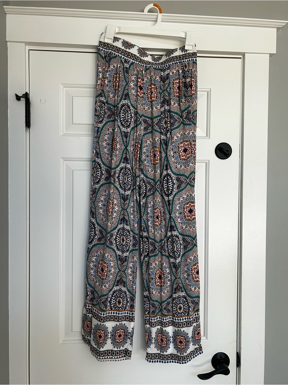 Molly Bracken Printed Wide-Leg Pants in Teal, Cream & Navy